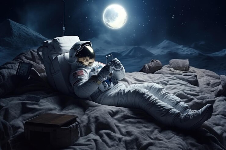 Imagem de astronauta deitado em mexendo no smartphone
