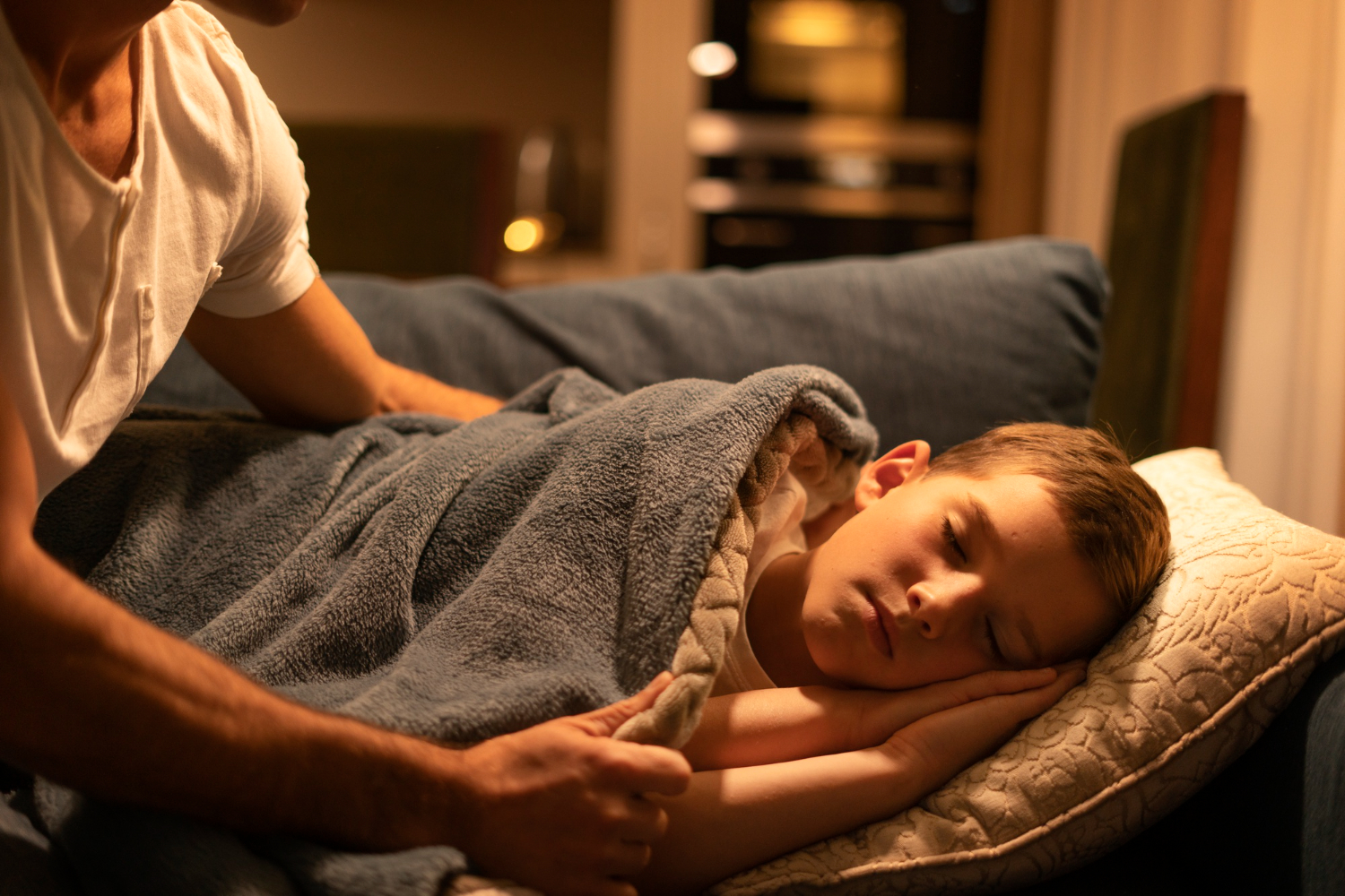 Mãe aconchegando filho para dormir