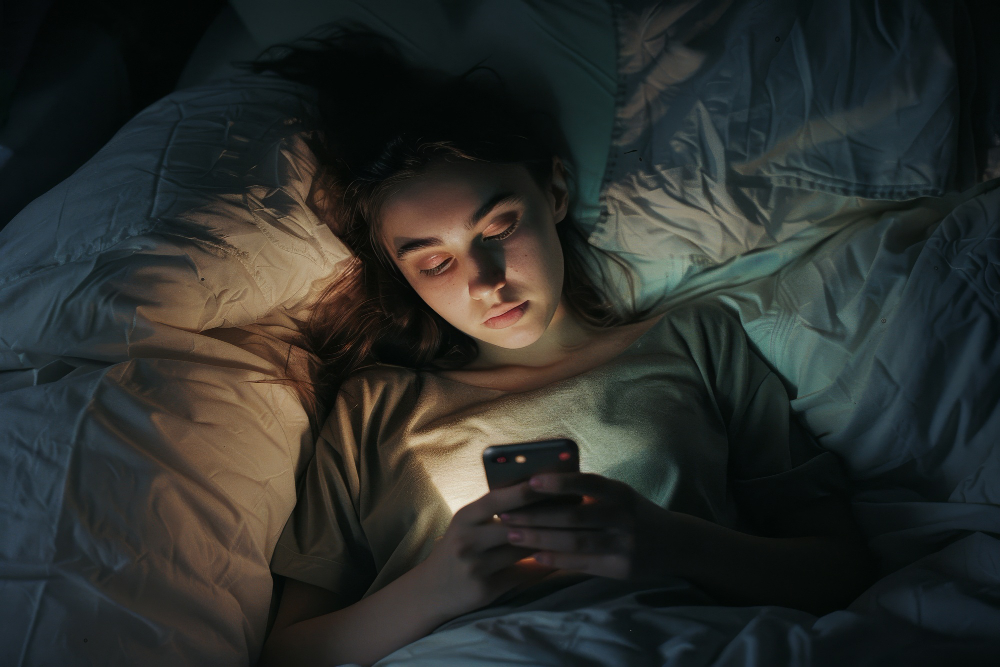 Menina jovem acordada na cama assistindo no celular